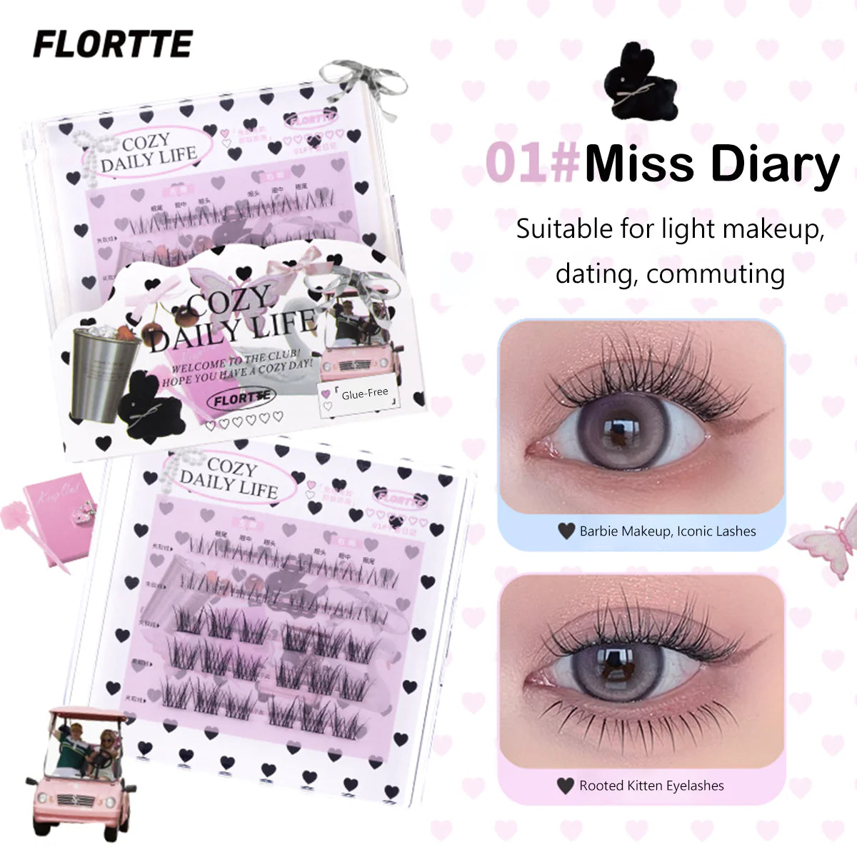 Flortte 【NEW】Segmented Self-Adhesive Glue-Free False Eyelash（Free Eyelash Curler）花洛莉亚自粘免胶上下假睫毛组合盘3D分段式自然仿真新手