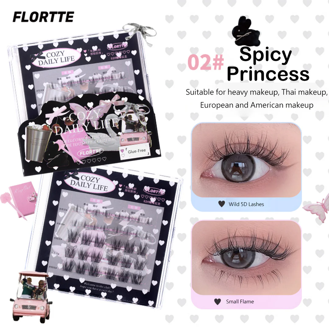 Flortte 【NEW】Segmented Self-Adhesive Glue-Free False Eyelash（Free Eyelash Curler）花洛莉亚自粘免胶上下假睫毛组合盘3D分段式自然仿真新手