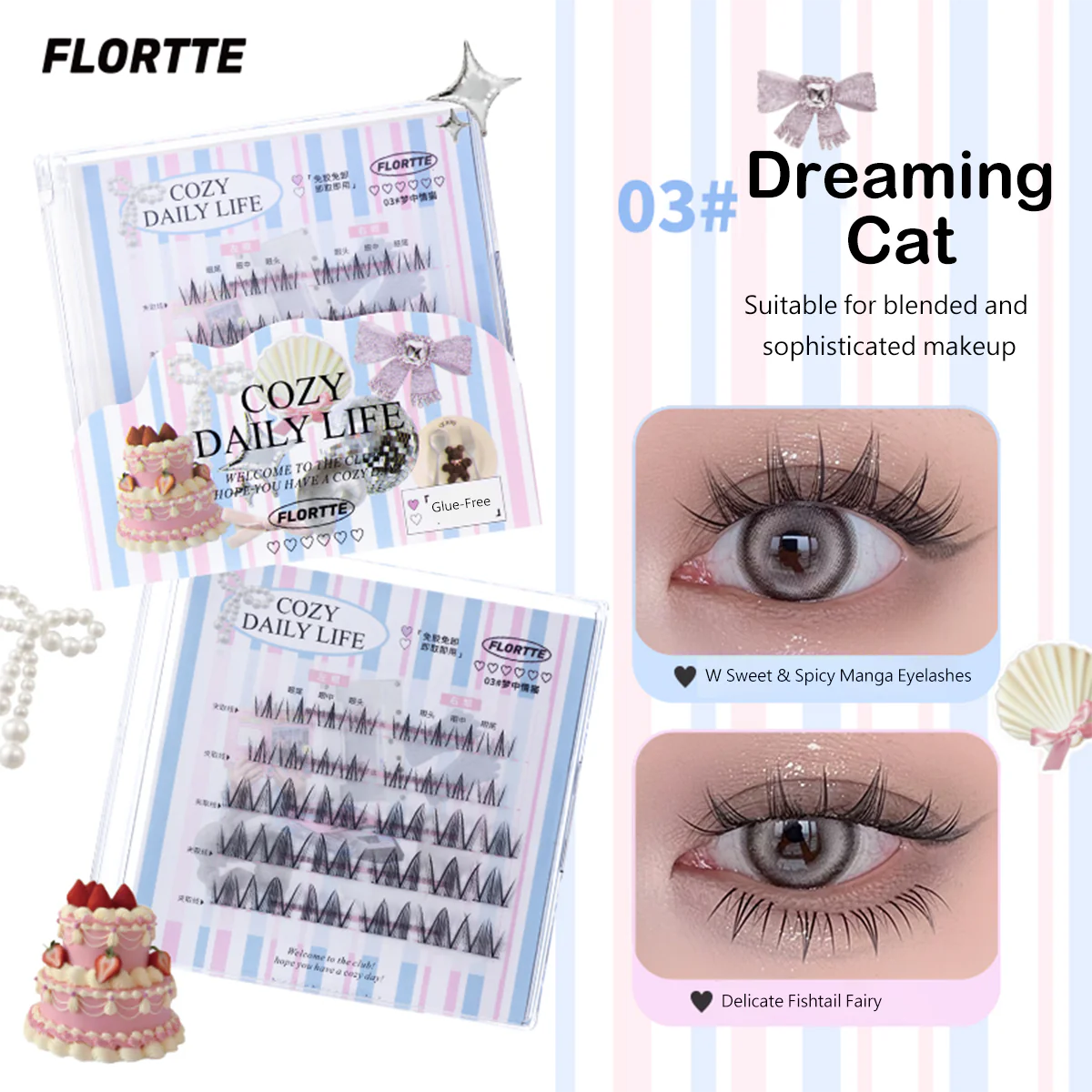 Flortte 【NEW】Segmented Self-Adhesive Glue-Free False Eyelash（Free Eyelash Curler）花洛莉亚自粘免胶上下假睫毛组合盘3D分段式自然仿真新手