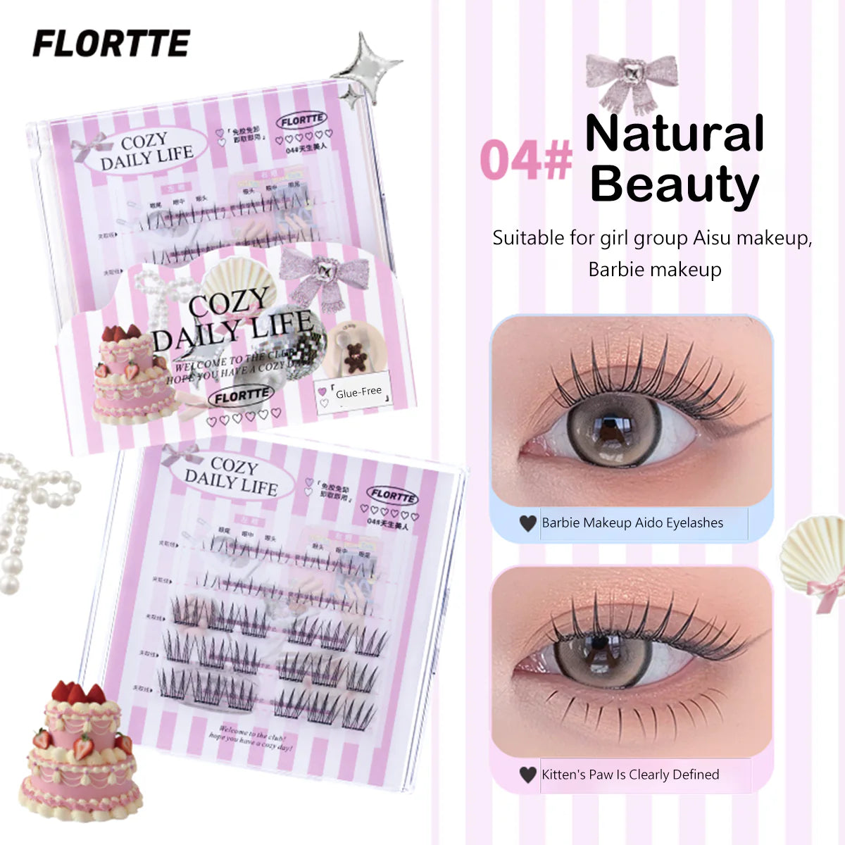 Flortte 【NEW】Segmented Self-Adhesive Glue-Free False Eyelash（Free Eyelash Curler）花洛莉亚自粘免胶上下假睫毛组合盘3D分段式自然仿真新手