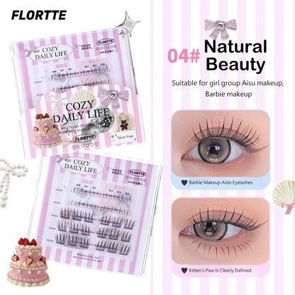 Flortte 【NEW】Segmented Self-Adhesive Glue-Free False Eyelash（Free Eyelash Curler）花洛莉亚自粘免胶上下假睫毛组合盘3D分段式自然仿真新手