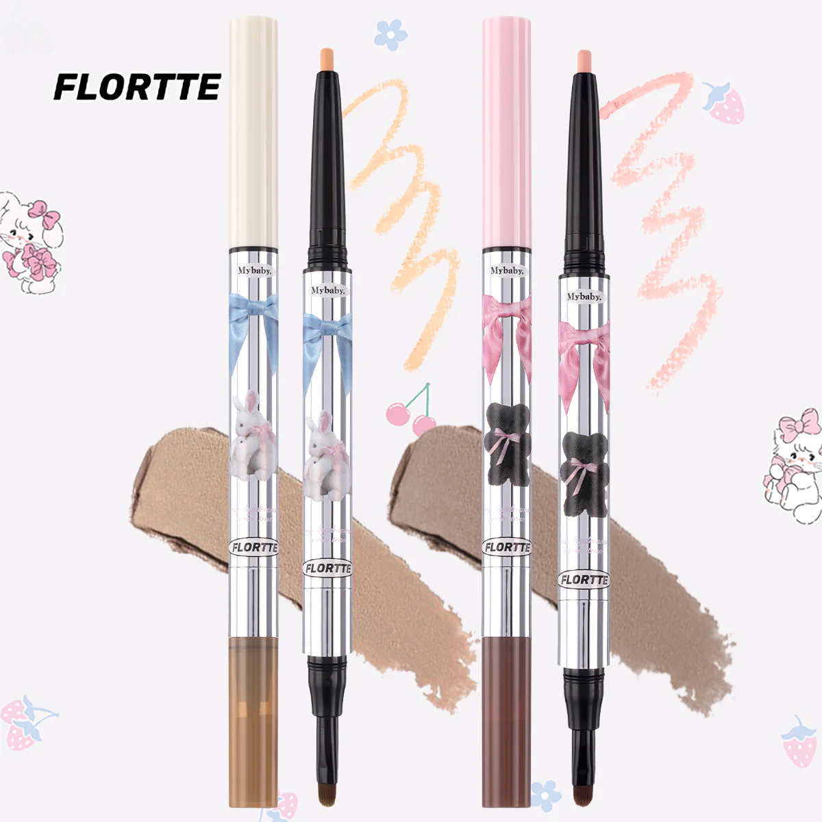 Flortte 【New】Peng Peng Princess Double-Headed Lying Silkworm Pen 200+700mg 花洛莉亚怦怦公主系列双头卧蚕笔阴影笔眼线胶笔下至高光立体提亮自然