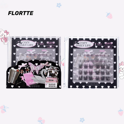 Flortte 【NEW】Segmented Self-Adhesive Glue-Free False Eyelash（Free Eyelash Curler）花洛莉亚自粘免胶上下假睫毛组合盘3D分段式自然仿真新手